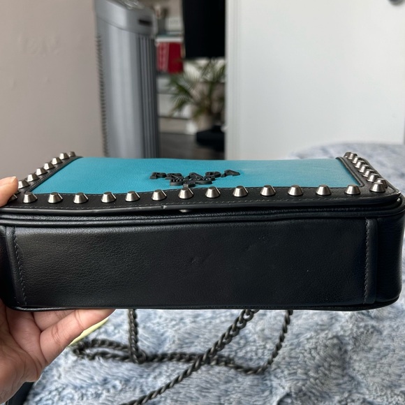 Prada Glace Turchese Nero with Studs Blue Leather Shoulder Bag. - Picture 6 of 8
